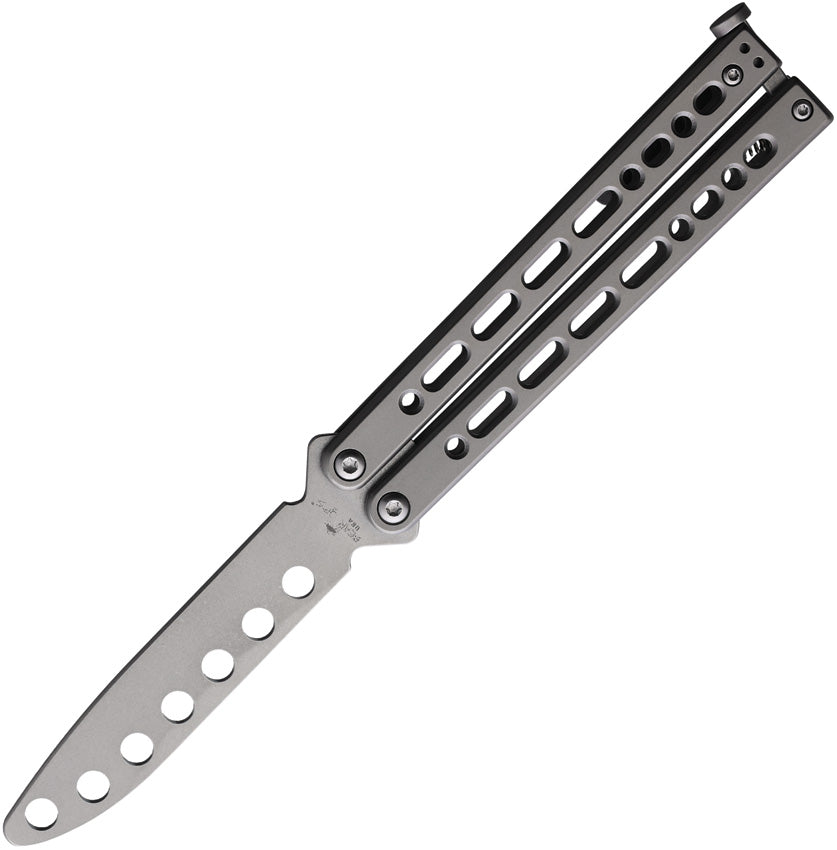 A gray folding knife with a stonewash finish blade and a pocket clip, approximately 4.5 inches in length, overall. | King of Knives e-store