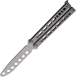 A gray folding knife with a stonewash finish blade and a pocket clip, approximately 4.5 inches in length, overall. | King of Knives e-store