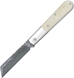 A folded pocket knife with a Damascus steel sheepsfoot blade and a white smooth bone handle. | King of Knives e-store