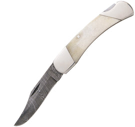 A folded Bear & Son knife with a white smooth bone handle and a Damascus steel blade, featuring a nickel silver bolster. | King of Knives e-store