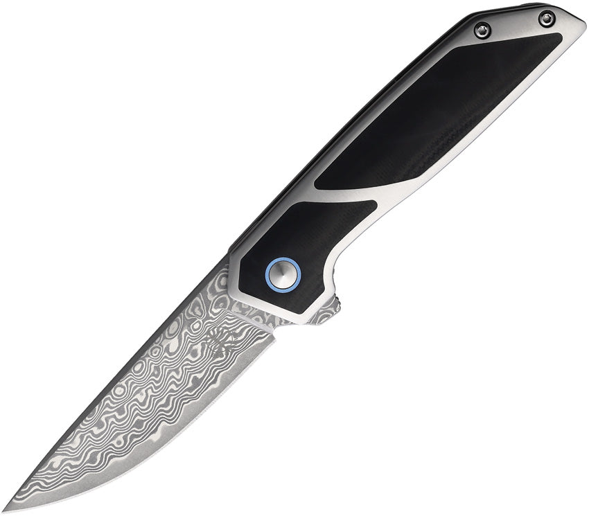 A folded Damascus steel knife with a black G10 inlay handle and extended tang, featuring a liner lock mechanism. Begg. | King of Knives