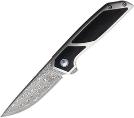 A folded Damascus steel knife with a black G10 inlay handle and extended tang, featuring a liner lock mechanism. Begg. | King of Knives