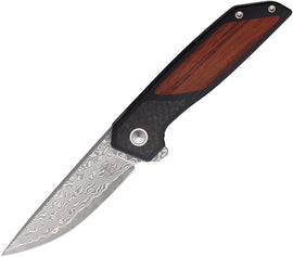 A folding knife with a Damascus steel blade, black G10 handle with brown wood and carbon fiber inlay, and an extended tang. The knife is partially open, displaying the blade and the handle. | Begg Knives Diamici Linerlock Damascus 3 Inch Blade - Pocket Knife | King of Knives e-store
