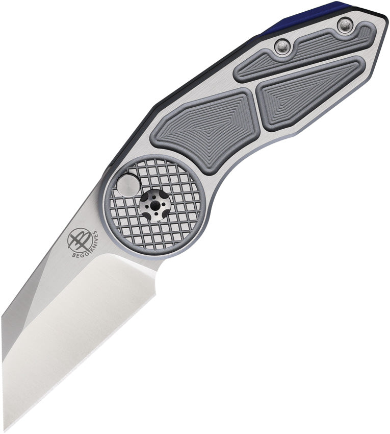 A locking folding knife with a gray checkered aluminum handle and a satin finish VG-10 stainless Wharncliffe blade, featuring a button lock mechanism and blue accents on the handle. | Begg Knives Micro Burst Button Lock Gray 2.25 Inch Blade - EDC Knife | King of Knives e-store