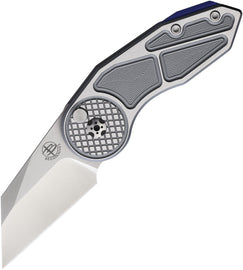 A locking folding knife with a gray checkered aluminum handle and a satin finish VG-10 stainless Wharncliffe blade, featuring a button lock mechanism and blue accents on the handle. | Begg Knives Micro Burst Button Lock Gray 2.25 Inch Blade - EDC Knife | King of Knives e-store