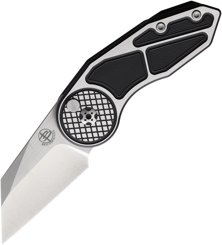 A locking folding knife with a black and silver checkered aluminum handle, a satin finish VG-10 stainless Wharncliffe blade, and a button lock mechanism. | Begg Knives Micro Burst Button Lock Black 2.25 Inch Blade - EDC Knife | King of Knives e-store