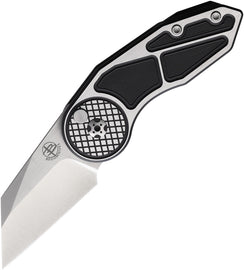 A locking folding knife with a black and silver checkered aluminum handle, a satin finish VG-10 stainless Wharncliffe blade, and a button lock mechanism. | Begg Knives Micro Burst Button Lock Black 2.25 Inch Blade - EDC Knife | King of Knives e-store