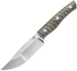 A fixed blade knife with a green canvas micarta handle and a satin finish stainless steel blade, accompanied by a black Kydex belt sheath.