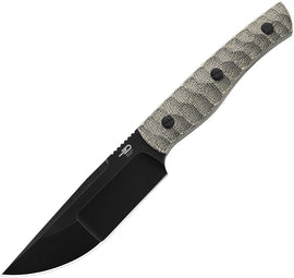 A fixed blade knife with a black stonewash finish stainless steel blade and a green canvas micarta handle, accompanied by a black Kydex belt sheath.