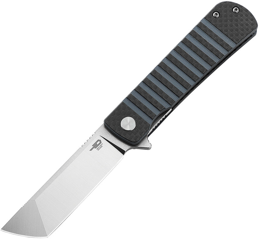 A folded hunting knife with a satin finish blade, black and blue G10 handle with carbon fiber patterns, and a metal linerlock.