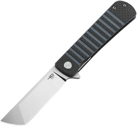 A folded hunting knife with a satin finish blade, black and blue G10 handle with carbon fiber patterns, and a metal linerlock.