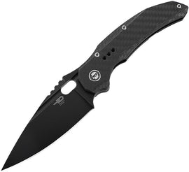 A black folding knife with a stonewash finish blade and titanium handle with carbon fiber inlay, showing the blade partially open.