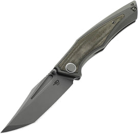 A folded pocket knife with a gray titanium handle and green micarta inlay, featuring a thumb stud and pocket clip.
