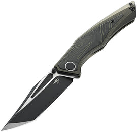 A folded pocket knife with a bronze-colored handle and a two-tone finish blade.