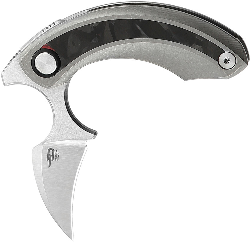 A folded pocket knife with a gray titanium handle and a stonewash and satin finish stainless blade, featuring red marble carbon fiber inlay on the handle.