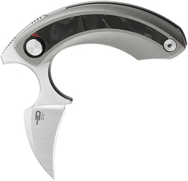 A folded pocket knife with a gray titanium handle and a stonewash and satin finish stainless blade, featuring red marble carbon fiber inlay on the handle.
