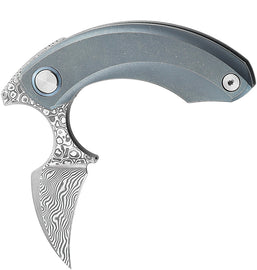 A folded pocket knife with a blue titanium handle and a Damascus steel blade, featuring a framed lock mechanism.