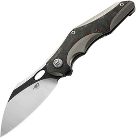 A folded pocket knife with a black stonewash and satin finish blade, gray titanium handle with black and red marble carbon fiber inlay, and a thumb pull.