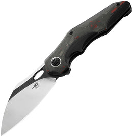 A folded pocket knife with a black titanium handle and black stonewash and satin finish blade, featuring red marble carbon fiber inlay on the handle.