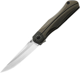 A folded hunting knife with a bronze stonewash finish titanium handle, carbon fiber inlay, and a satin finish blade.