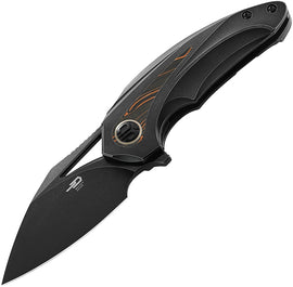 A foldable hunting knife with a black stonewash finish blade and black handle with orange G10 inlay, featuring a thumb pull and pocket clip.