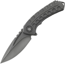 A folded pocket knife with a gray titanium handle and a stonewash finish blade, featuring a frame lock mechanism.