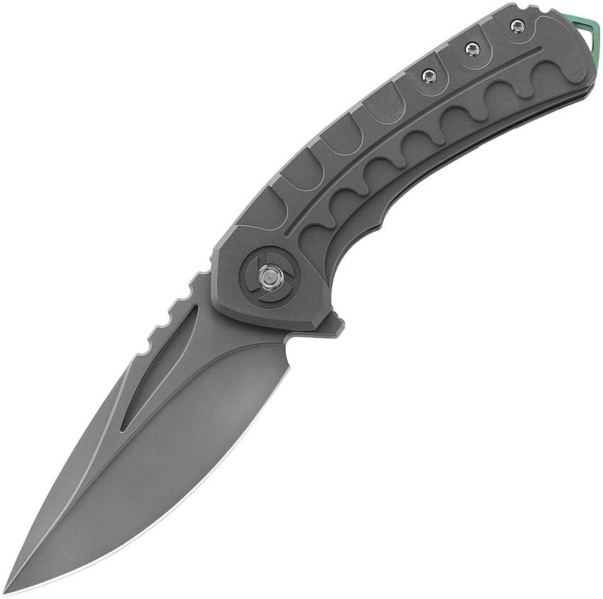 A folded knife with a gray titanium handle and a stonewash finish blade, featuring a green pocket clip and black nylon storage case.