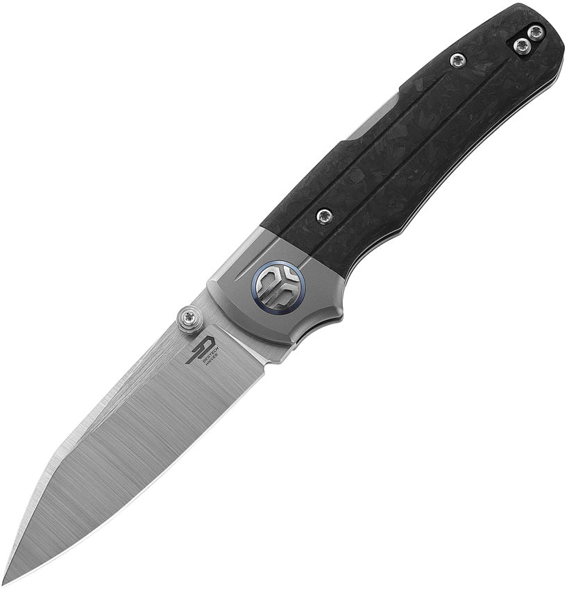 A folded hunting knife with a satin finish blade and black marbled carbon fiber handle, featuring a lockback mechanism and a titanium bolster.