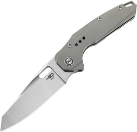 A folded pocket knife with a gray titanium handle and a stonewash and satin finish stainless steel blade, featuring a thumb pull, lanyard hole, and pocket clip.