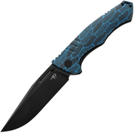 A folding knife with a black stonewash finish blade and black and blue G10 handle, featuring a Black titanium back handle, thumb stud, lanyard hole, and pocket clip. The knife is partially open, displaying the blade and the handle.