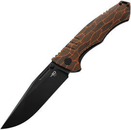 A folding knife with a black stonewash finish blade and black/ orange G10 handle with black titanium back handle. It includes a thumb stud, lanyard hole, and pocket clip.