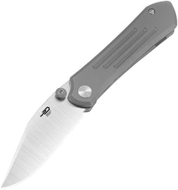A folded pocket knife with a gray stonewash finish titanium handle and a satin finish Bohler M390 stainless clip point blade, marked with the Bestech Knives brand logo.