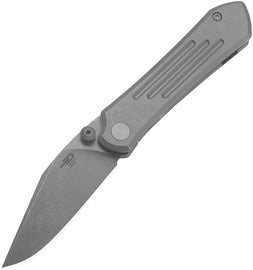 A folded pocket knife with a gray stonewash finish titanium handle and a black stonewash finish blade.