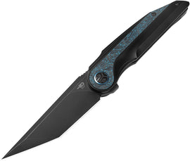 A folded pocket knife with a black stonewash finish blade and black anodized titanium handle with blue inlay.