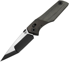 A black folding knife with a tanto blade design, featuring a black canvas micarta handle and a titanium bolster. The knife is partially open, displaying the blade and the handle.