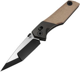 A folding knife with a black PVD and satin finish blade, natural canvas micarta handle, and titanium bolster.