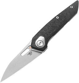 A folded knife with a stonewash finish blade, carbon fiber handle, and titanium back, with the Bestech Knives logo visible.