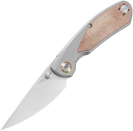 A folded pocket knife with a satin finish blade and a titanium handle with natural micarta inlay, including a thumb stud and pocket clip, alongside a black nylon zippered storage case.