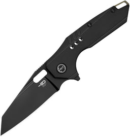 A black folding knife with a DLC coated S35VN stainless blade and black titanium handle, featuring a lanyard hole, pocket clip, and thumb pull. The knife is partially open, displaying the blade and the handle.