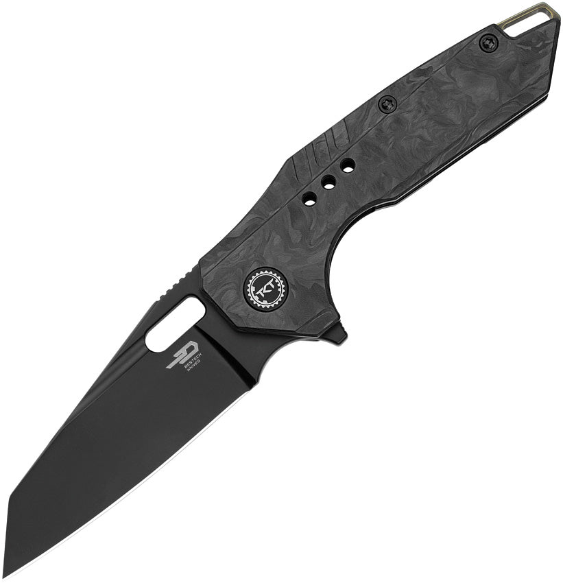 A black folding knife with a DLC coated S35VN stainless blade and a marbled carbon fiber handle, featuring a black titanium back handle and a pocket clip.