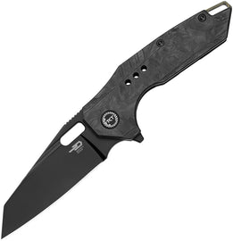A black folding knife with a DLC coated S35VN stainless blade and a marbled carbon fiber handle, featuring a black titanium back handle and a pocket clip.