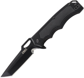 CRKT Septimo Arcane Linerlock, a black aluminum handle pocket knife with a 3.5 inch black oxide coated blade, belt/cord cutter and lanyard hole.