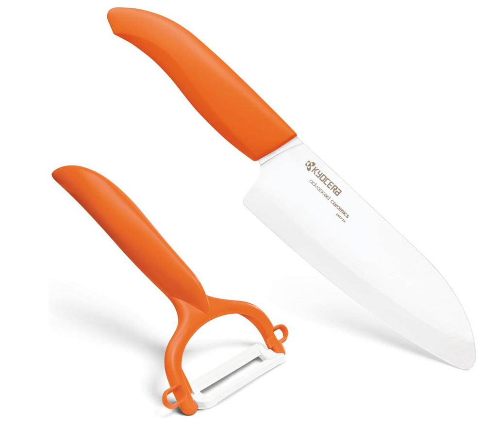 Santoku Knife - Kyocera Orange Santoku Knife And Rod Handle Peeler Set | King of Knives