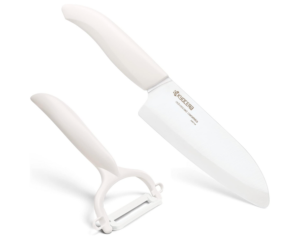 Santoku Knife - Kyocera White Santoku Knife And Rod Handle Peeler Set | King of Knives