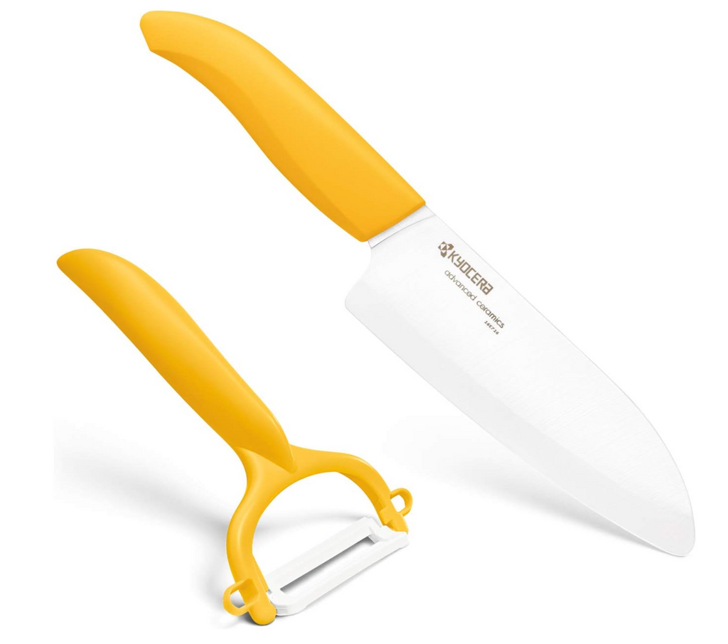 Santoku Knife - Kyocera Yellow Santoku Knife And Rod Handle Peeler Set | King of Knives