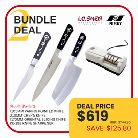 I.O. Shen Bundle Deal 2 - 4 inch paring, 6 inch Slicer, 8 inch Chefs plus Nirey Electric sharpener.
