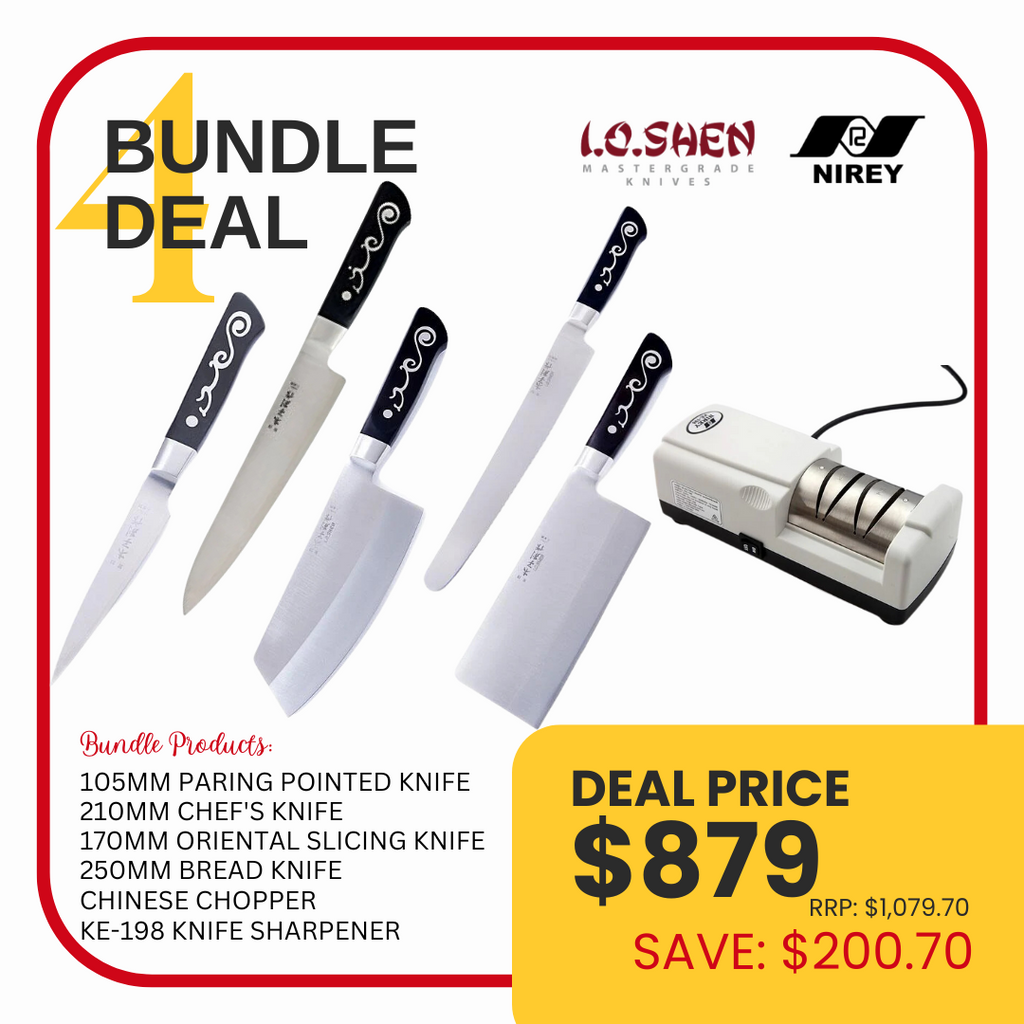 I.O. Shen Bundle Deal 4 - 4 inch Paring, 6 inch Slicer, 8 inch Chefs, 10 inch bread, Chinese Chopper and Nirey Electric Sharpener)