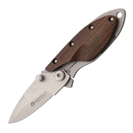 create an image alt text for this following product. Make sure to focus on the focus keyword.   Focus Keyword: Pocket Knife Product Name: MASERIN ONEFOLD FRAMELOCK Product Description:3 inch closed. 1 3/4 inch matte finish 440 stainless blade with dual thumb studs. Brown wood front handle. Matte finish stainless back handle. Lanyard hole. Stainless pocket clip.This item requires approximately a 10 working day delivery time