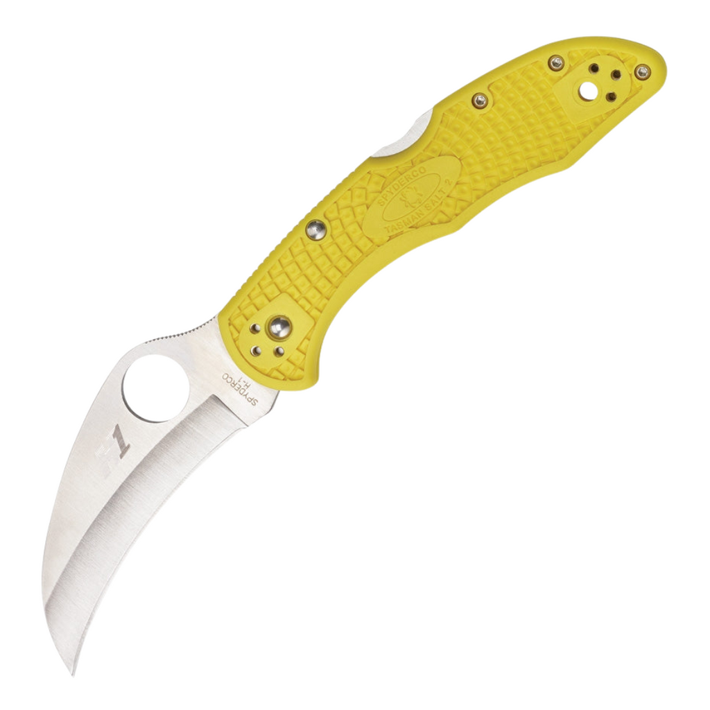 Spyderco Tasman Salt 2 Lockback pocket knife with a yellow textured FRN handle, 2.75-inch satin finish H1 steel hawkbill blade, thumb pull, pocket clip, and lanyard hole.