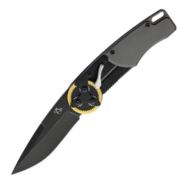 MANTIS GEARHEAD Linerlock Brass DP Pocket Knife. Features a 3-inch stonewash finish 440C stainless steel drop point blade, gray aluminum handle, and opens using a unique gear mechanism.